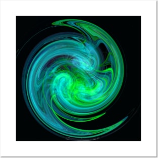 AQUA BLUE GREEN LIGHT VORTEX Fractal Swirl In Black Posters and Art